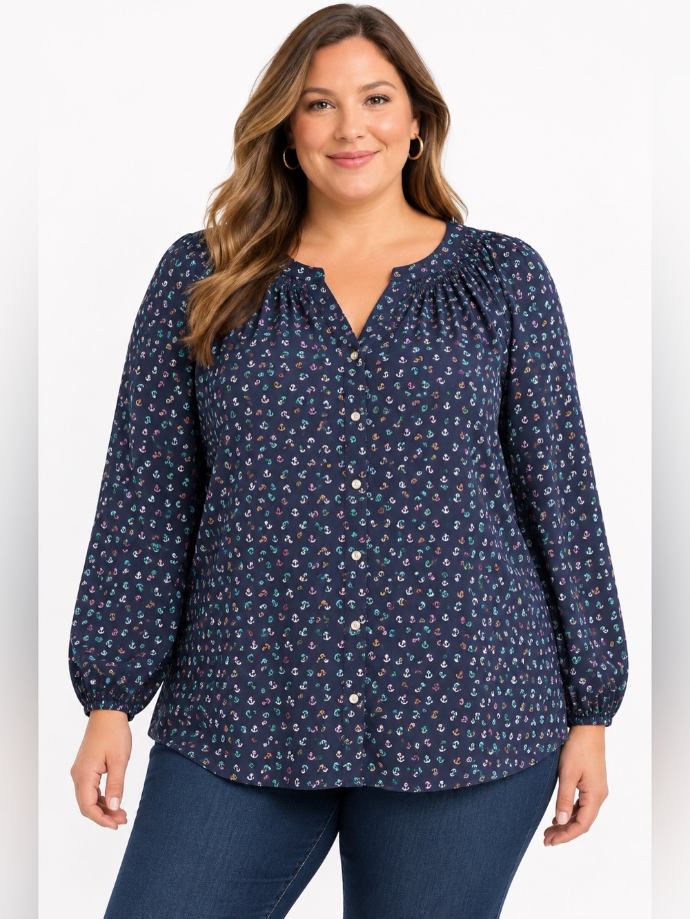 Talbots Navy Anchor Print Button-Down Blouse